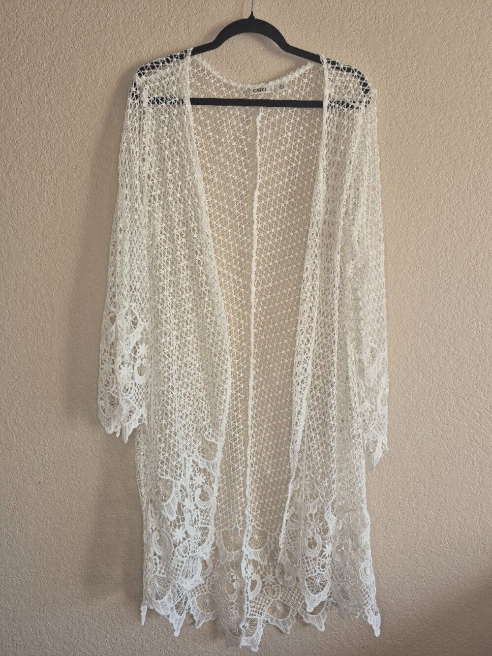 Cato Cream White Crochet Lace Long Duster Cardigan Kimono XL Boho